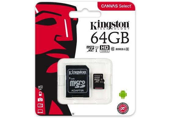 Зовнішній вигляд Kingston 64 GB microSDXC Canvas Select UHS-I Class 10.